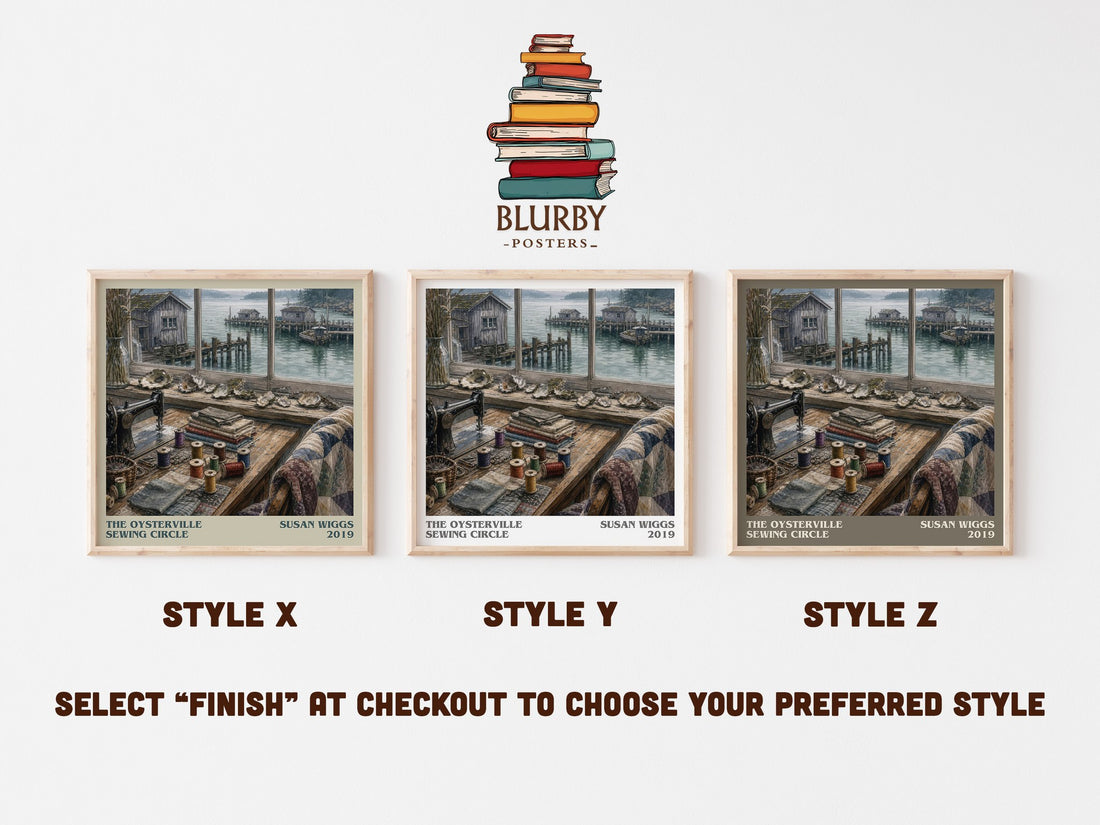 The Oysterville Sewing Circle literary print in frame leaning in hallway – contemporary fiction wall art (mockup)