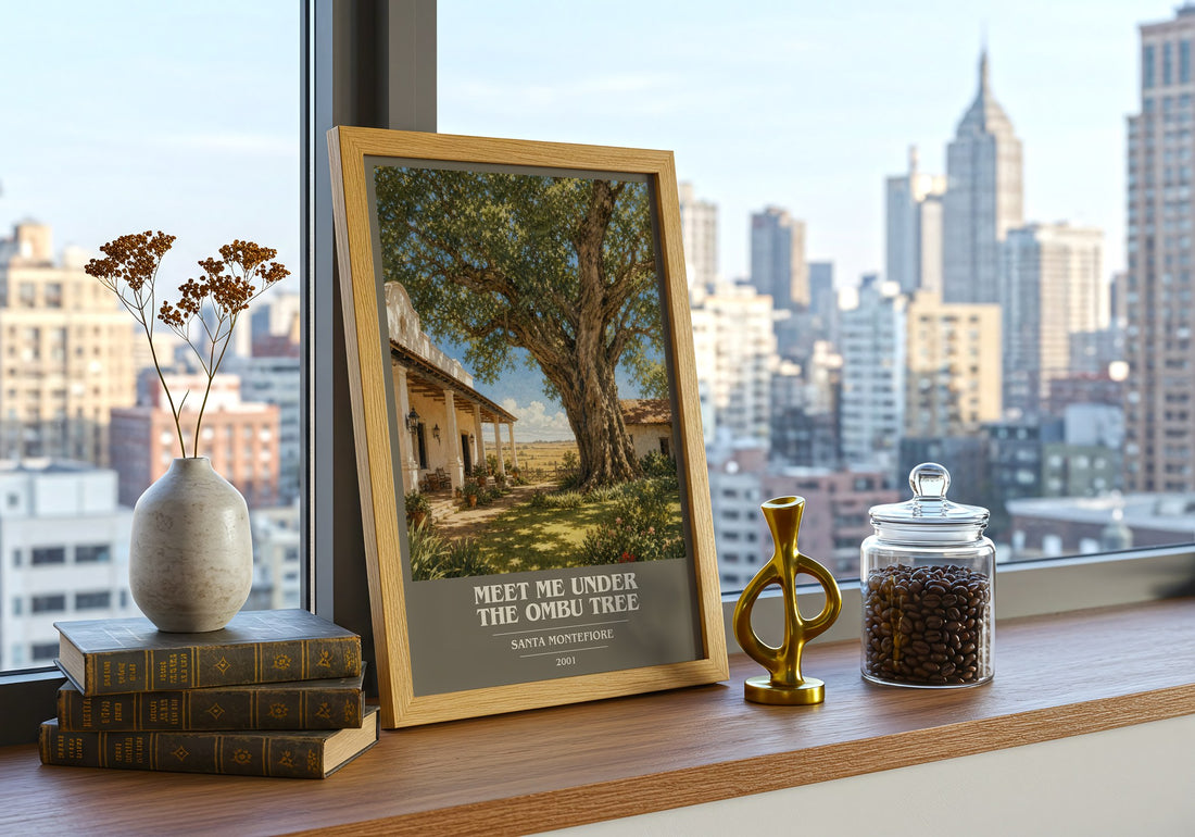 Meet Me Under the Ombu Tree book cover print framed by window – literary home decor
