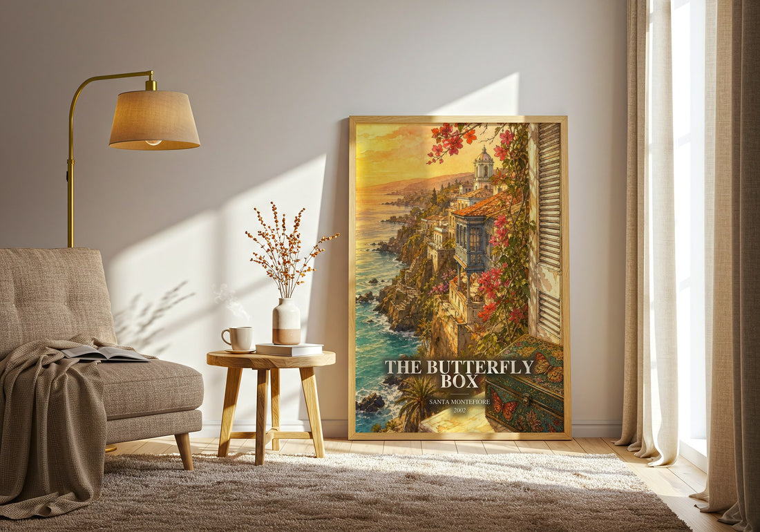 The Butterfly Box watercolour print in frame leaning in hallway – romance wall art (mockup)