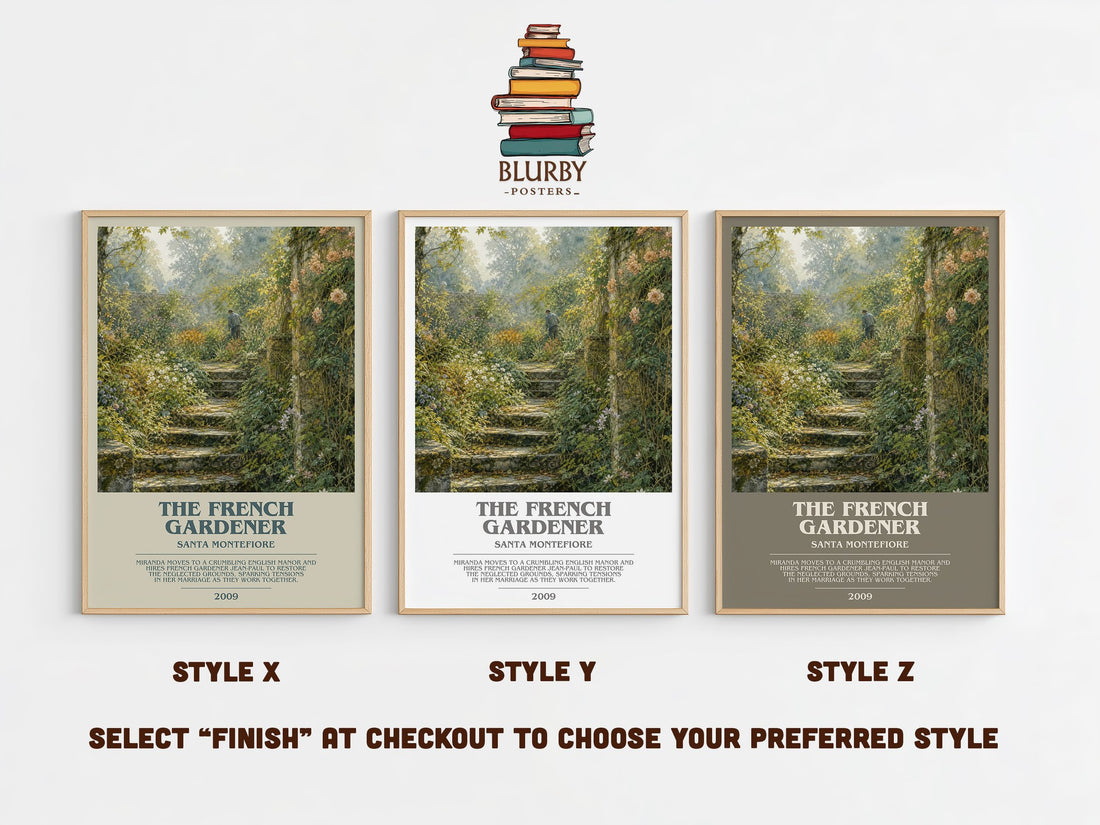The French Gardener bookish print in frame leaning in hallway – contemporary fiction wall art (mockup)