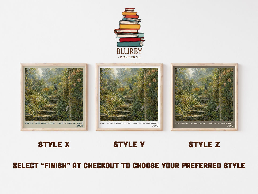 The French Gardener literary print in frame leaning in hallway – contemporary fiction wall art (mockup)
