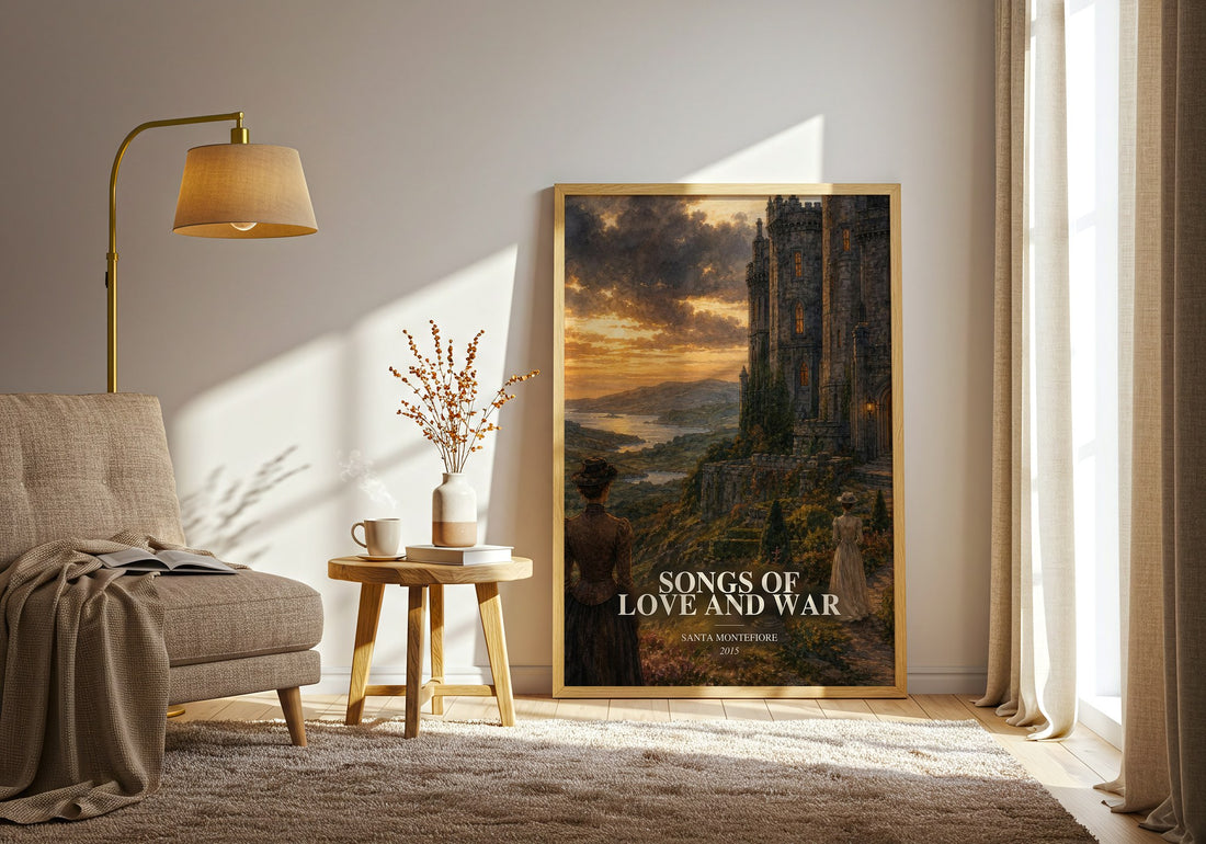 Songs of Love and War watercolour print in frame leaning in hallway – historical fiction wall art (mockup)