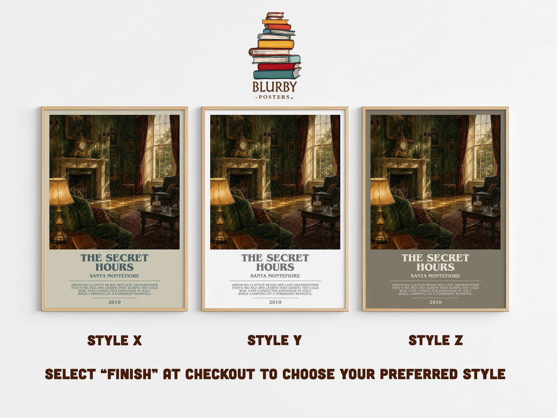 The Secret Hours bookish print in frame leaning in hallway – historical fiction wall art (mockup)