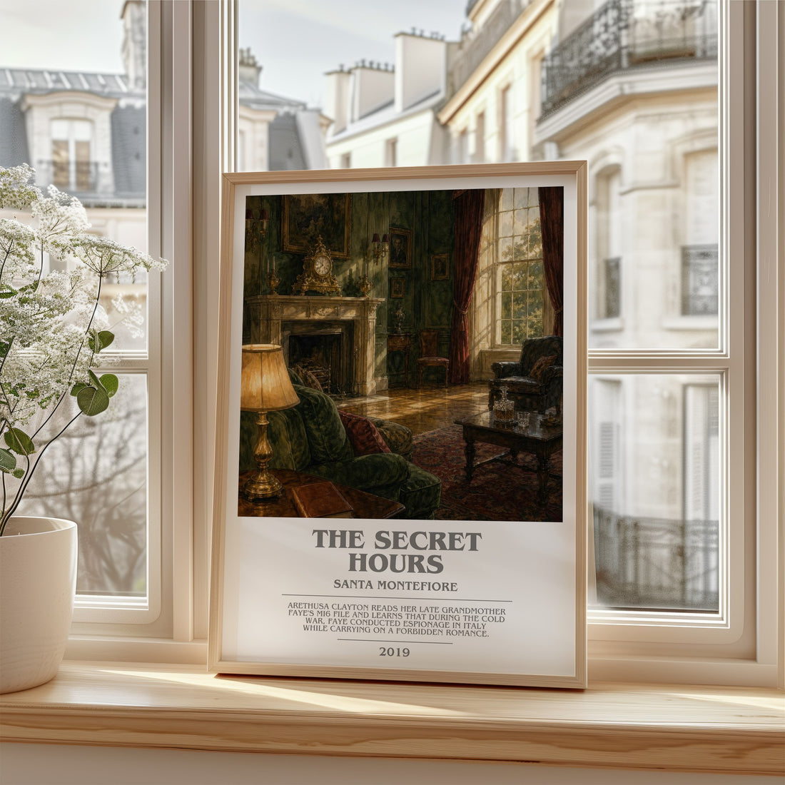 The Secret Hours bookish poster colour and style options – Santa Montefiore book art
