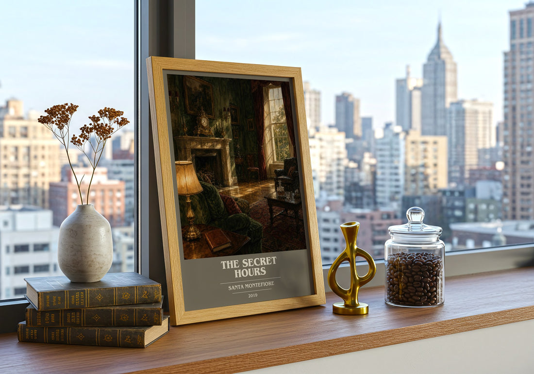 The Secret Hours book cover print framed by window – literary home decor