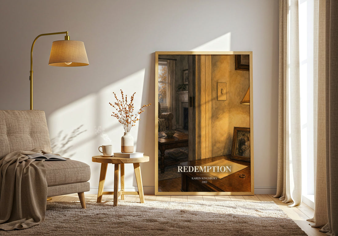 Redemption watercolour print in frame leaning in hallway – contemporary fiction wall art (mockup)