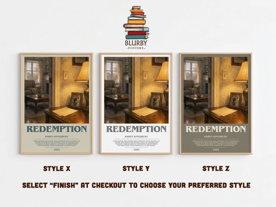 Redemption bookish print in frame leaning in hallway – contemporary fiction wall art (mockup)