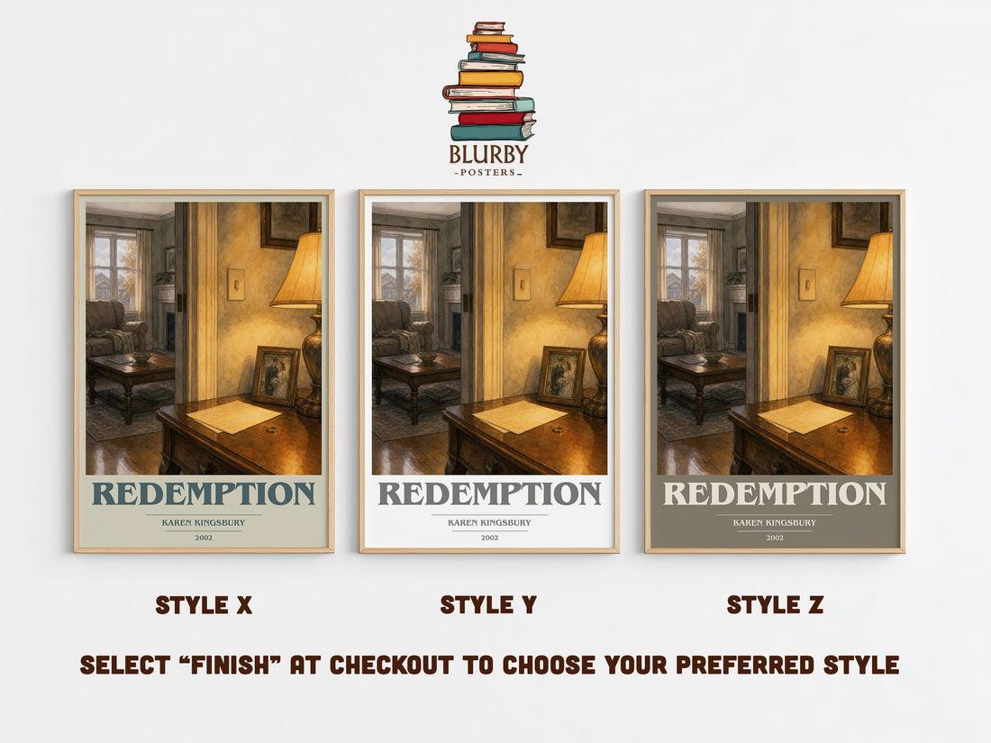Redemption book cover print in frame leaning in hallway – contemporary fiction wall art (mockup)