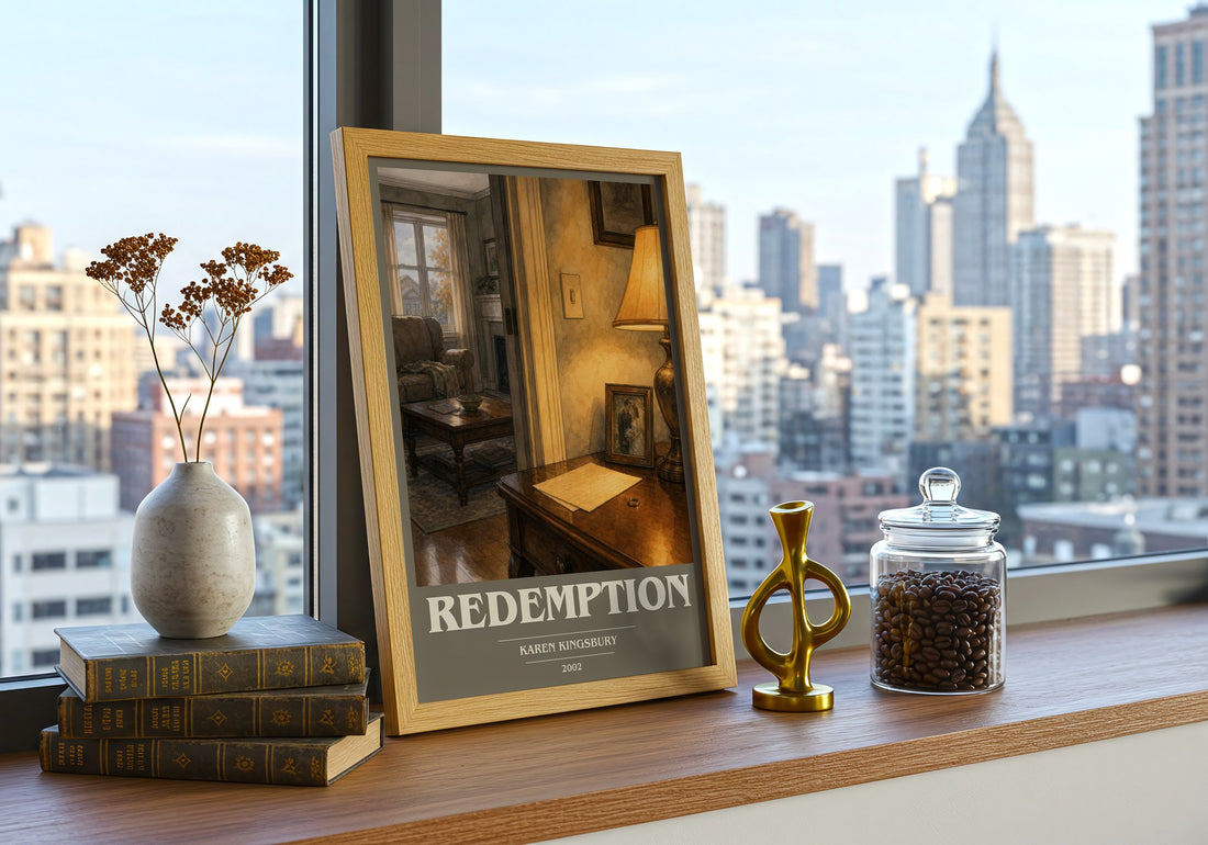 Redemption book cover print framed by window – literary home decor