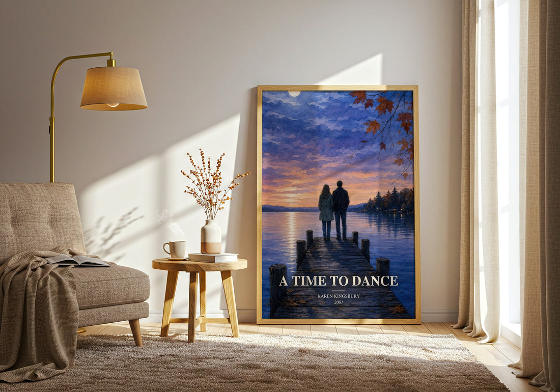 A Time to Dance watercolour print in frame leaning in hallway – contemporary fiction wall art (mockup)