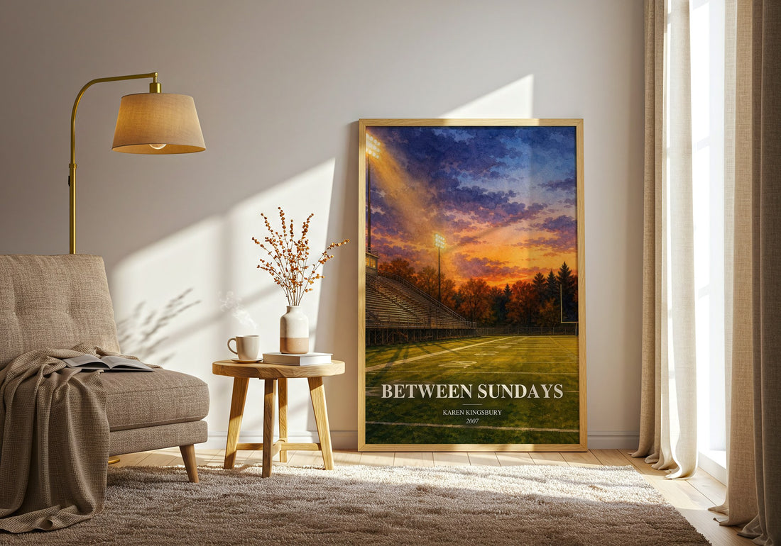 Between Sundays watercolour print in frame leaning in hallway – contemporary fiction wall art (mockup)
