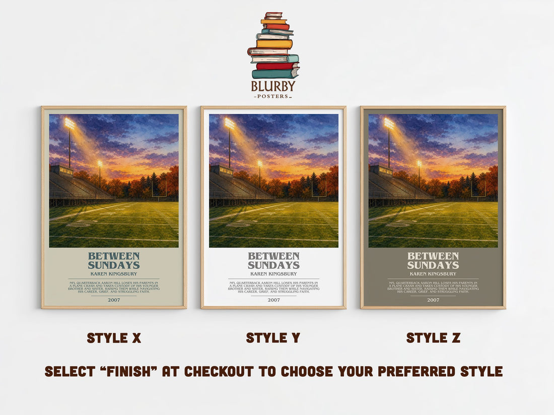 Between Sundays bookish print in frame leaning in hallway – contemporary fiction wall art (mockup)