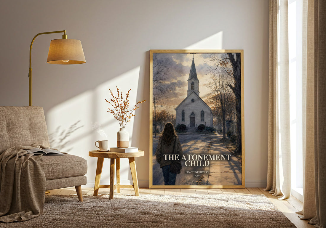 The Atonement Child watercolour print in frame leaning in hallway – contemporary fiction wall art (mockup)