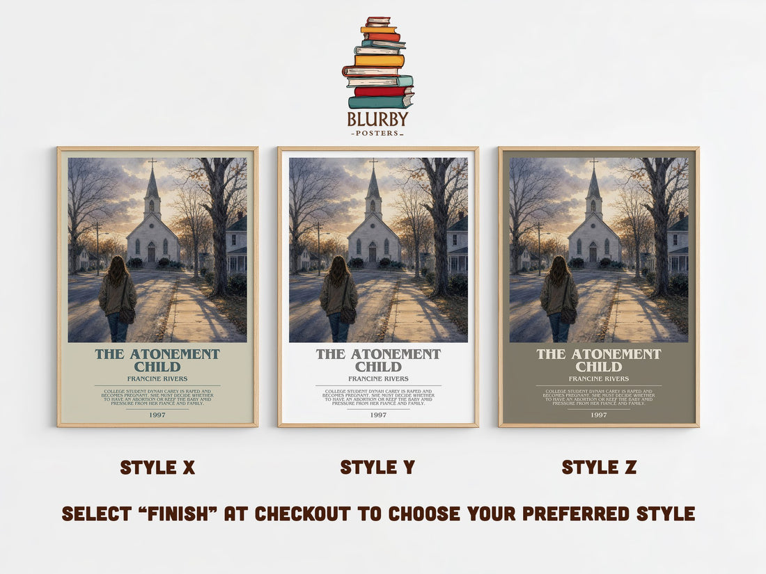 The Atonement Child bookish print in frame leaning in hallway – contemporary fiction wall art (mockup)
