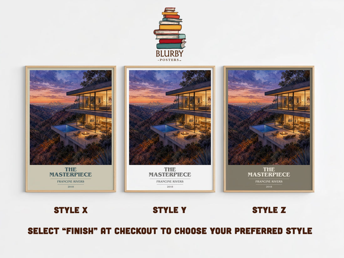 The Masterpiece book cover print in frame leaning in hallway – contemporary fiction wall art (mockup)