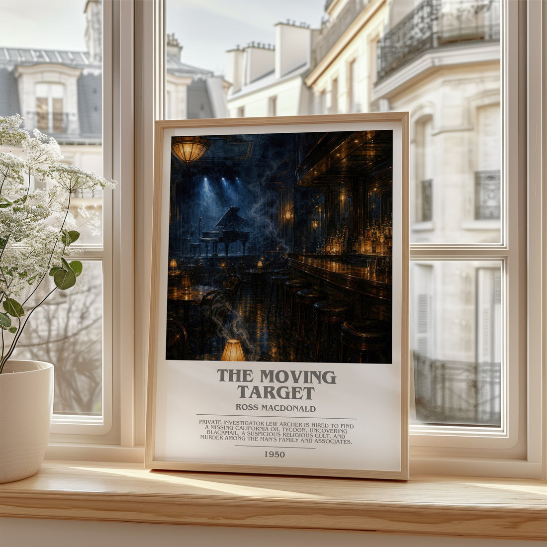 The Moving Target bookish poster colour and style options – Ross Macdonald book art (mockup)
