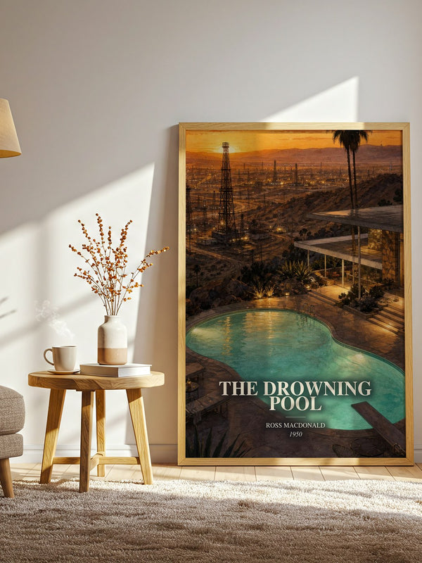 The Drowning Pool watercolour print in frame leaning in hallway – crime wall art