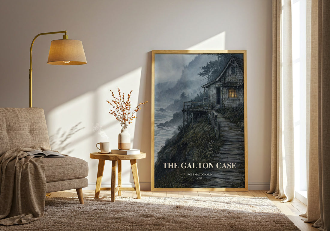The Galton Case watercolour print in frame leaning in hallway – mystery wall art (mockup)