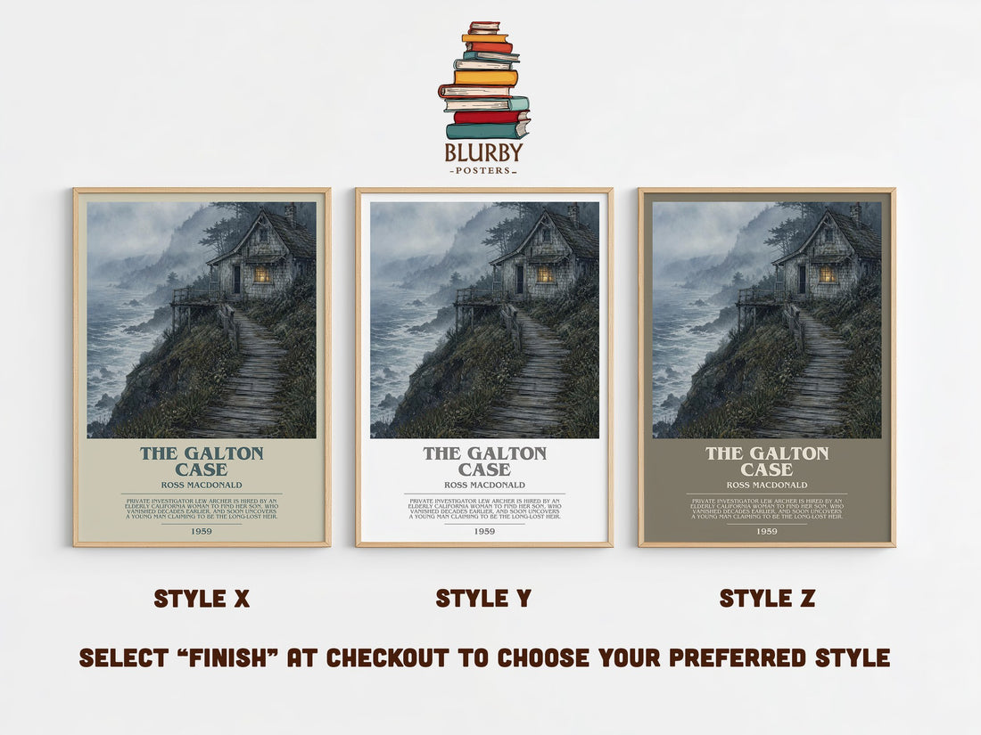 The Galton Case bookish print in frame leaning in hallway – mystery wall art (mockup)