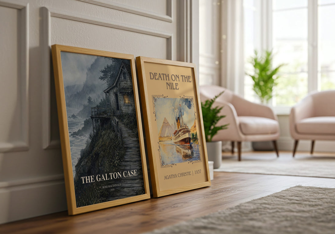 The Galton Case watercolour print framed by window – literary home decor