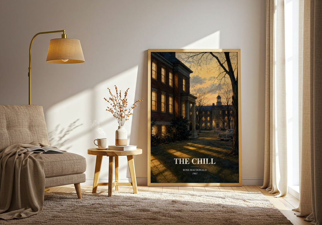 The Chill watercolour print in frame leaning in hallway – mystery wall art (mockup)