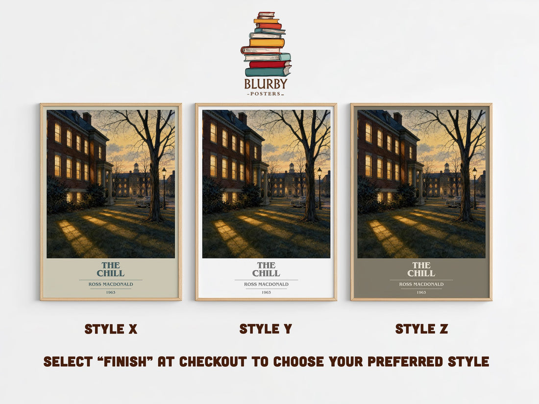 The Chill book cover print in frame leaning in hallway – mystery wall art (mockup)