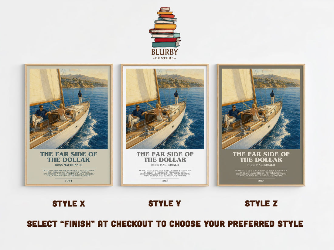 The Far Side of the Dollar bookish print in frame leaning in hallway – mystery wall art (mockup)