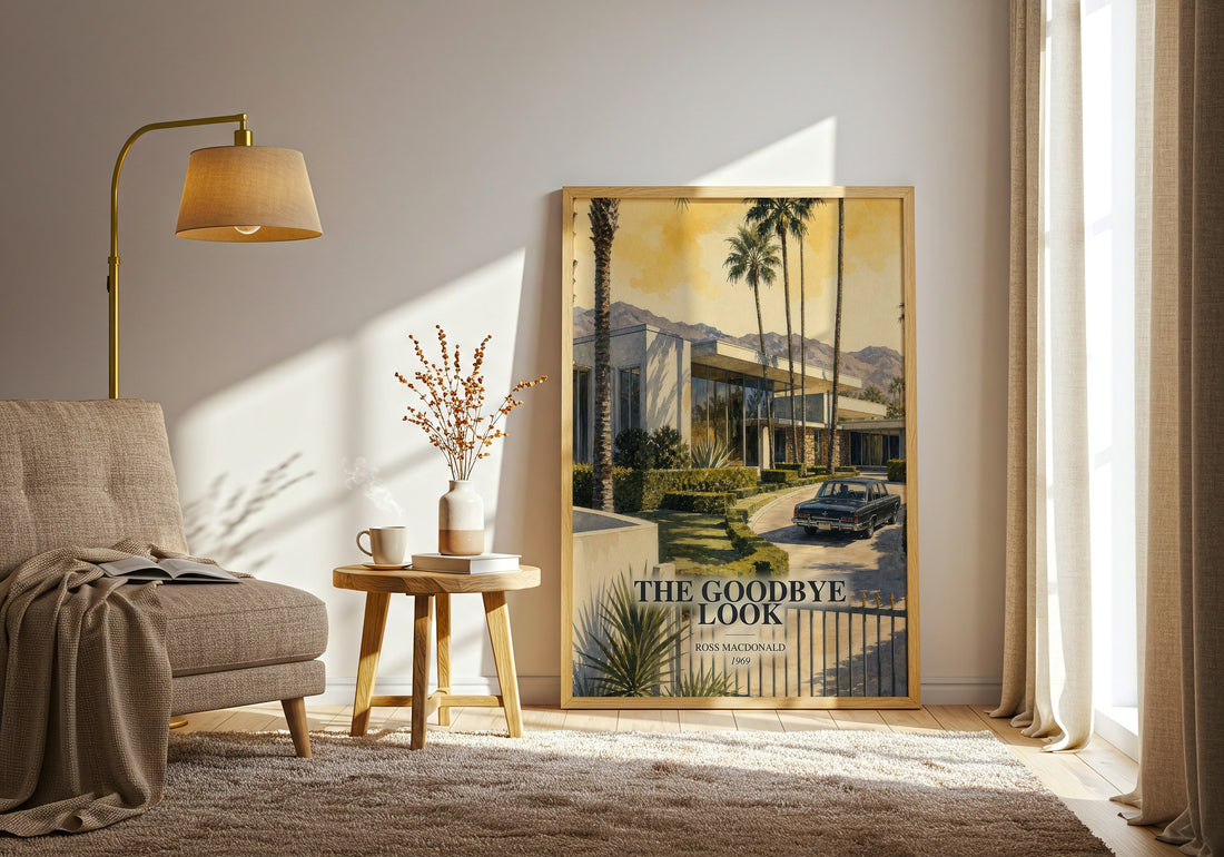 The Goodbye Look watercolour print in frame leaning in hallway – mystery wall art (mockup)