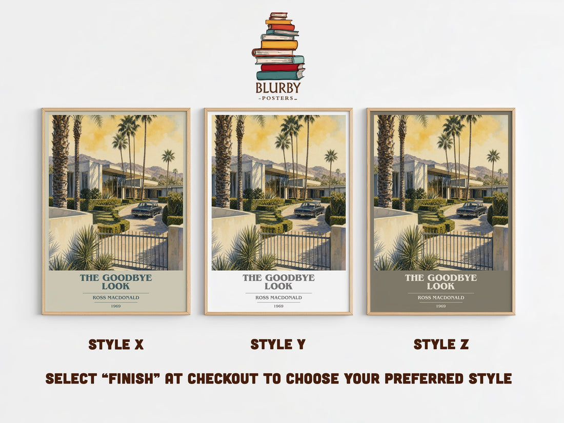 The Goodbye Look book cover print in frame leaning in hallway – mystery wall art (mockup)