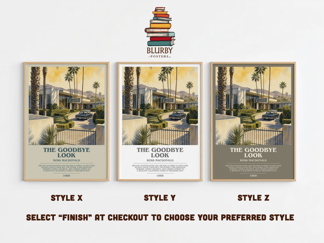 The Goodbye Look bookish print in frame leaning in hallway – mystery wall art (mockup)