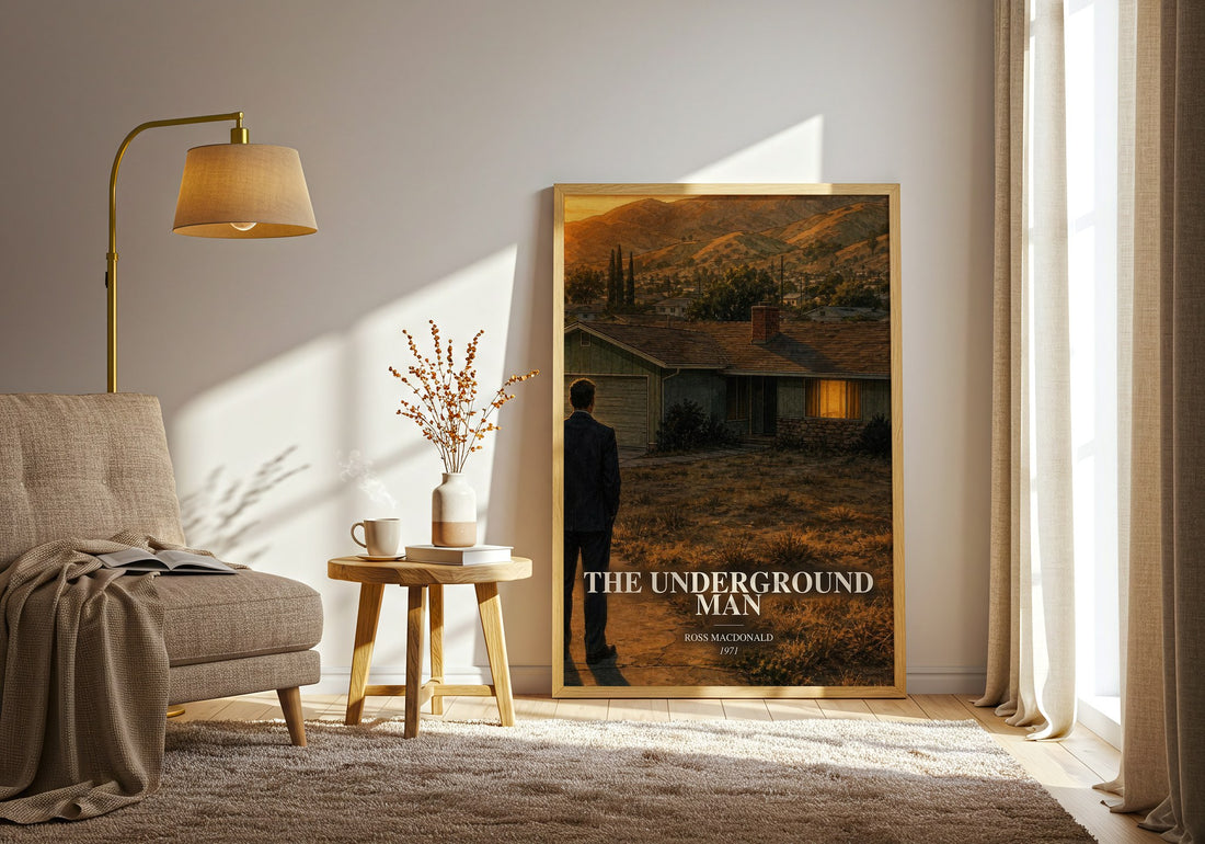 The Underground Man watercolour print in frame leaning in hallway – mystery wall art (mockup)