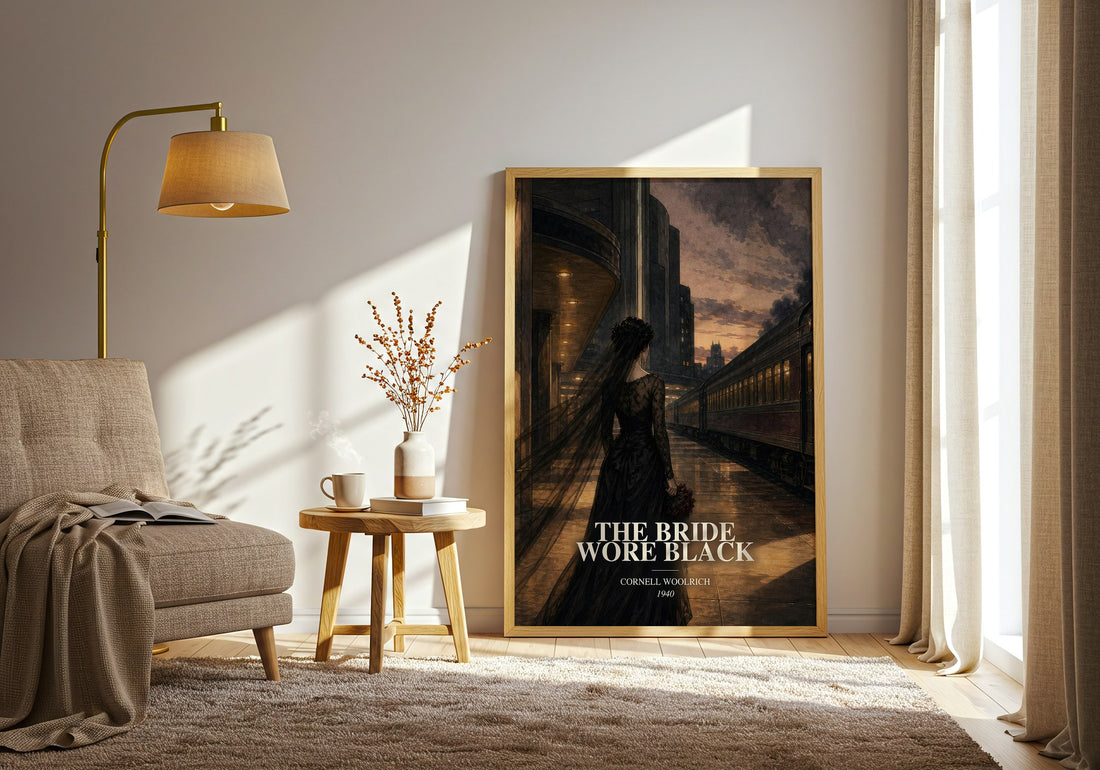 The Bride Wore Black watercolour print in frame leaning in hallway – crime wall art (mockup)
