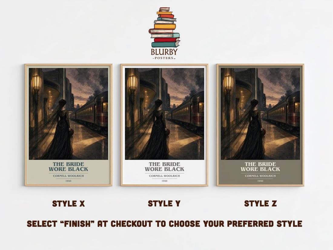 The Bride Wore Black book cover print in frame leaning in hallway – crime wall art (mockup)