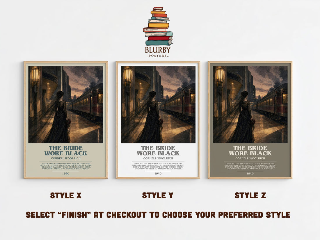 The Bride Wore Black bookish print in frame leaning in hallway – crime wall art (mockup)