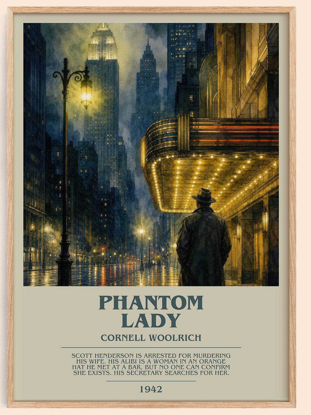 Phantom Lady bookish book poster by Cornell Woolrich – framed literary art print