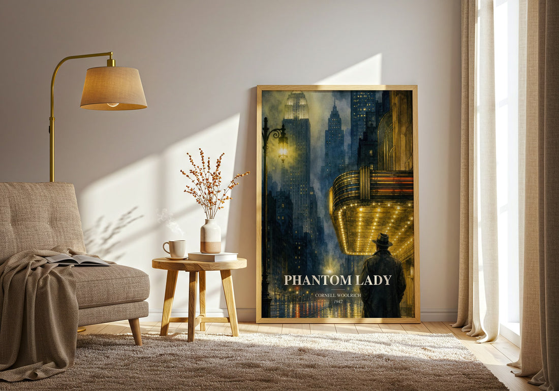 Phantom Lady watercolour print in frame leaning in hallway – crime wall art (mockup)