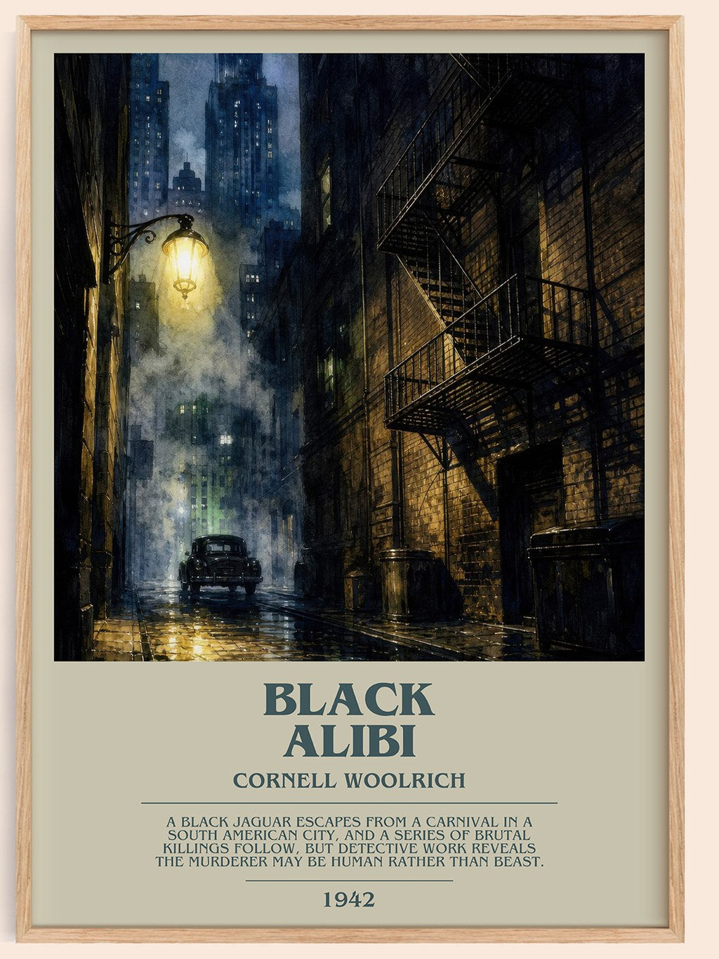 Black Alibi bookish book poster by Cornell Woolrich – framed literary art print