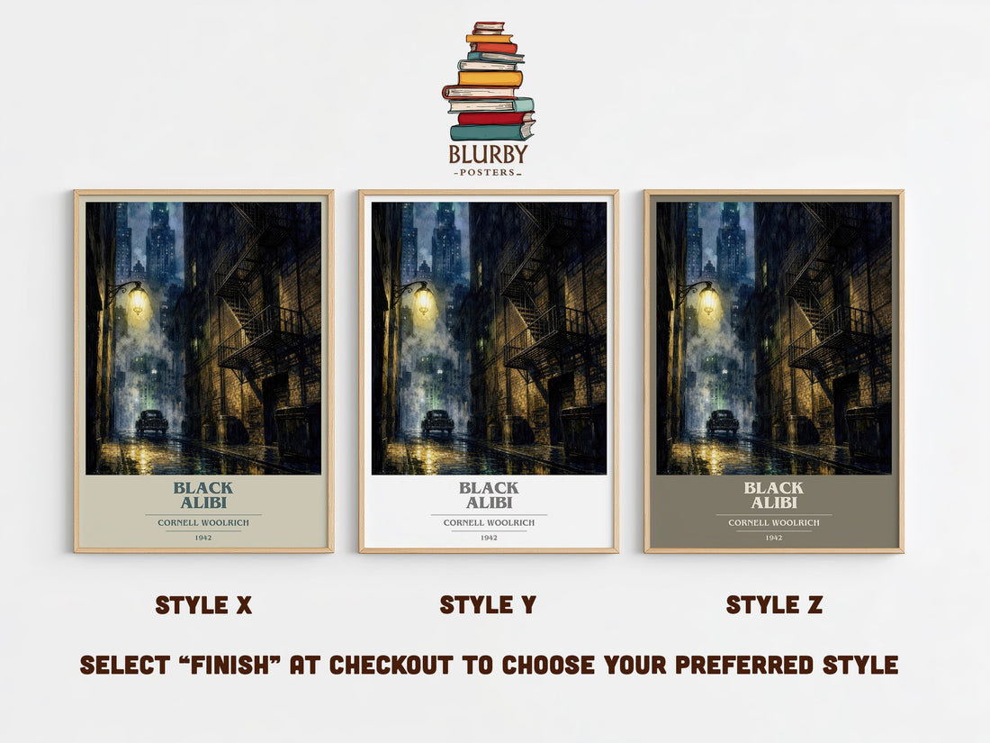 Black Alibi book cover print in frame leaning in hallway – crime wall art (mockup)