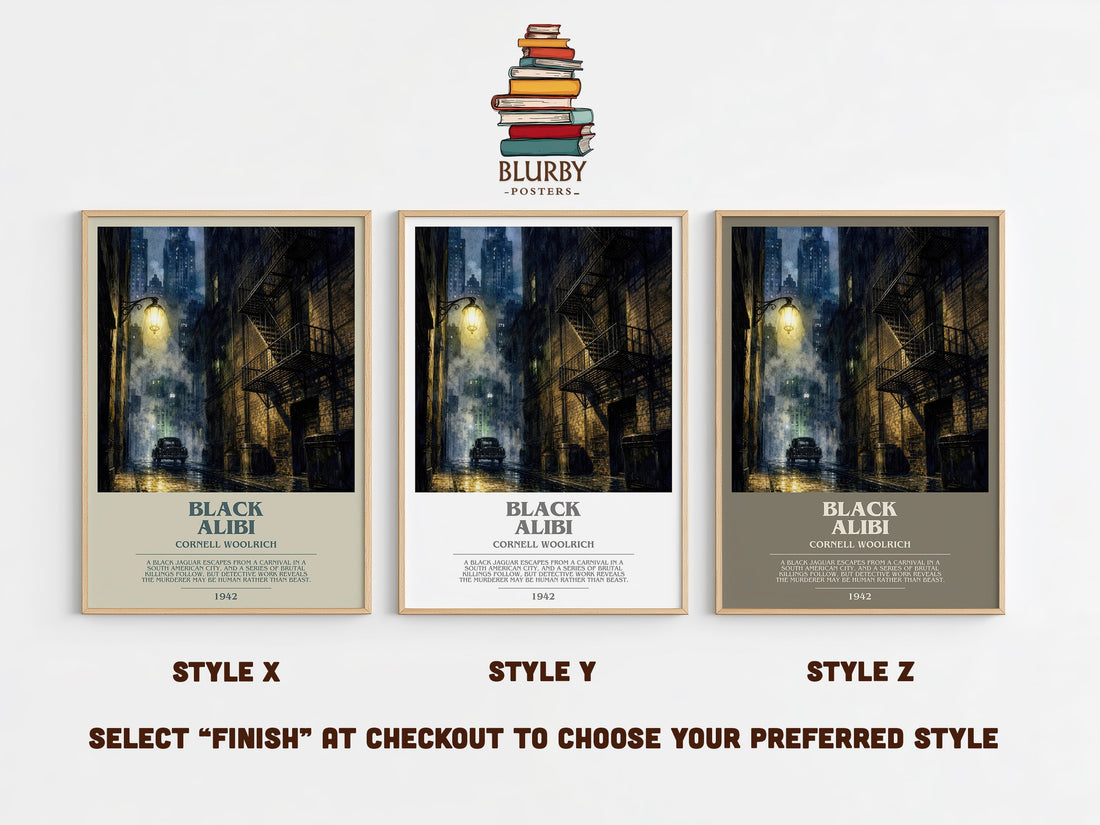 Black Alibi bookish print in frame leaning in hallway – crime wall art (mockup)