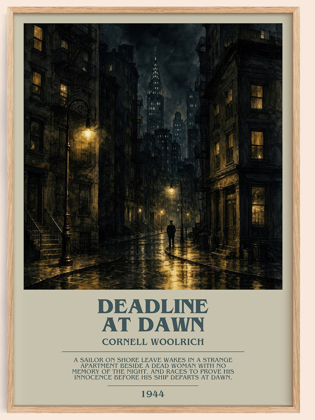 Deadline at Dawn bookish book poster by Cornell Woolrich – framed literary art print
