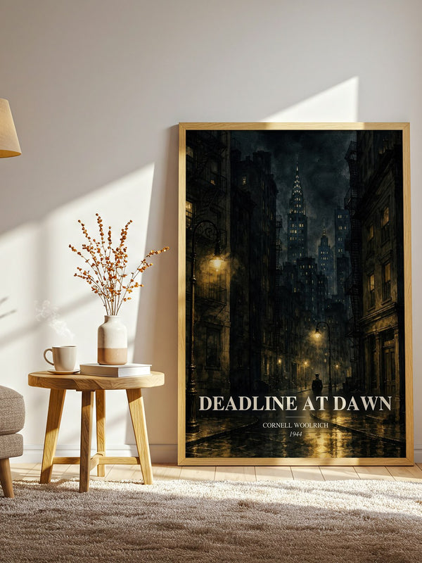 Deadline at Dawn watercolour print in frame leaning in hallway – mystery wall art
