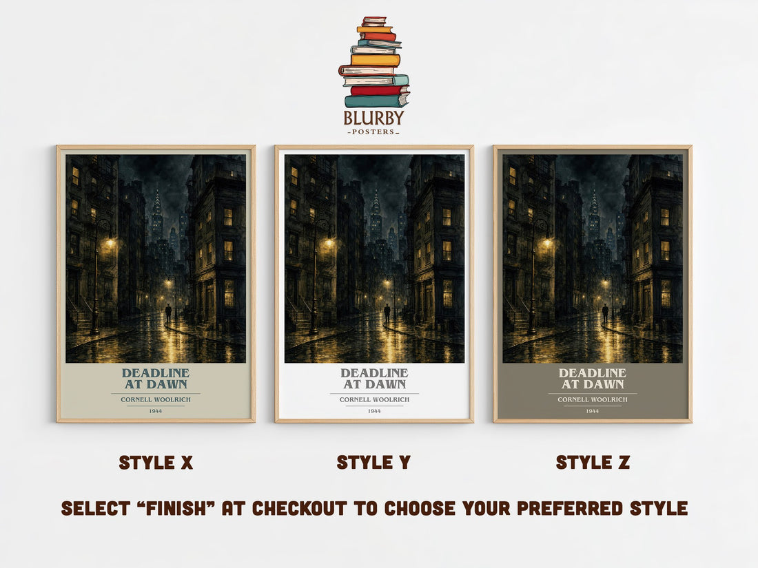 Deadline at Dawn book cover print in frame leaning in hallway – mystery wall art (mockup)