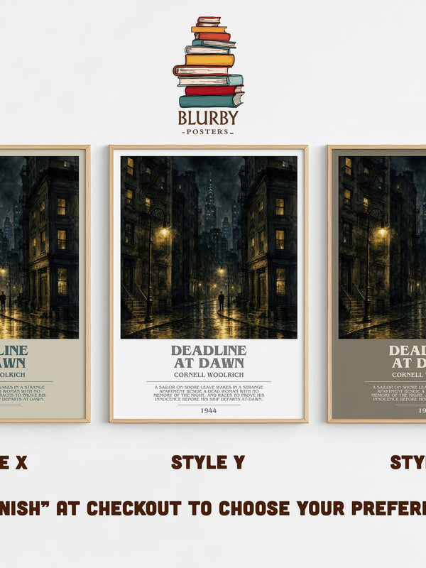 Deadline at Dawn bookish print in frame leaning in hallway – mystery wall art