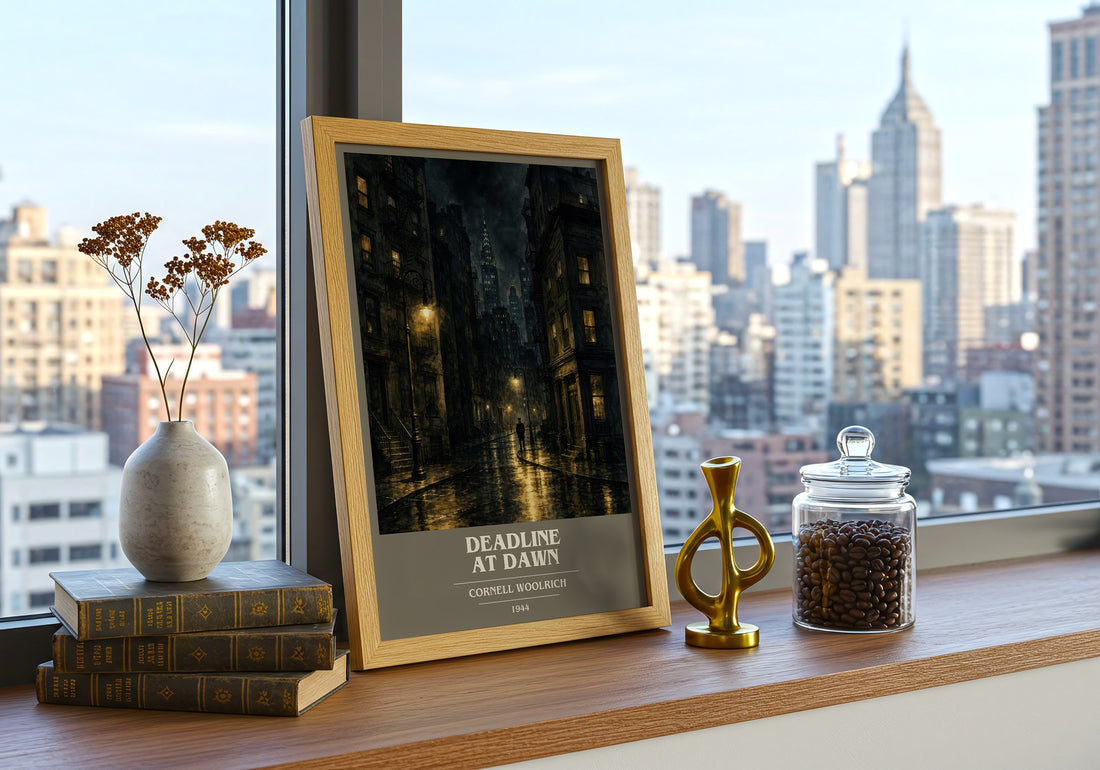 Deadline at Dawn book cover print framed by window – literary home decor