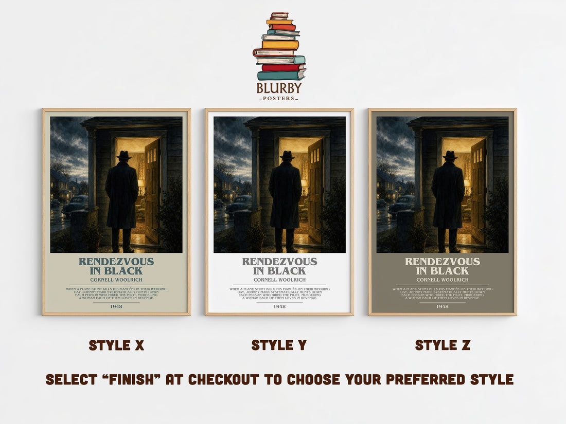 Rendezvous in Black bookish print in frame leaning in hallway – crime wall art (mockup)