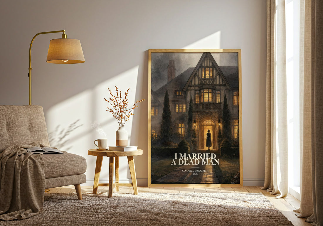 I Married a Dead Man watercolour print in frame leaning in hallway – crime wall art (mockup)