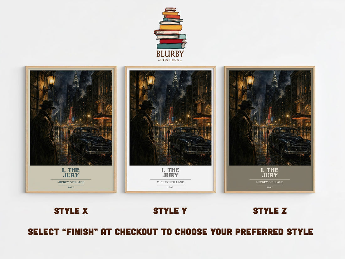 I, the Jury book cover print in frame leaning in hallway – crime wall art (mockup)