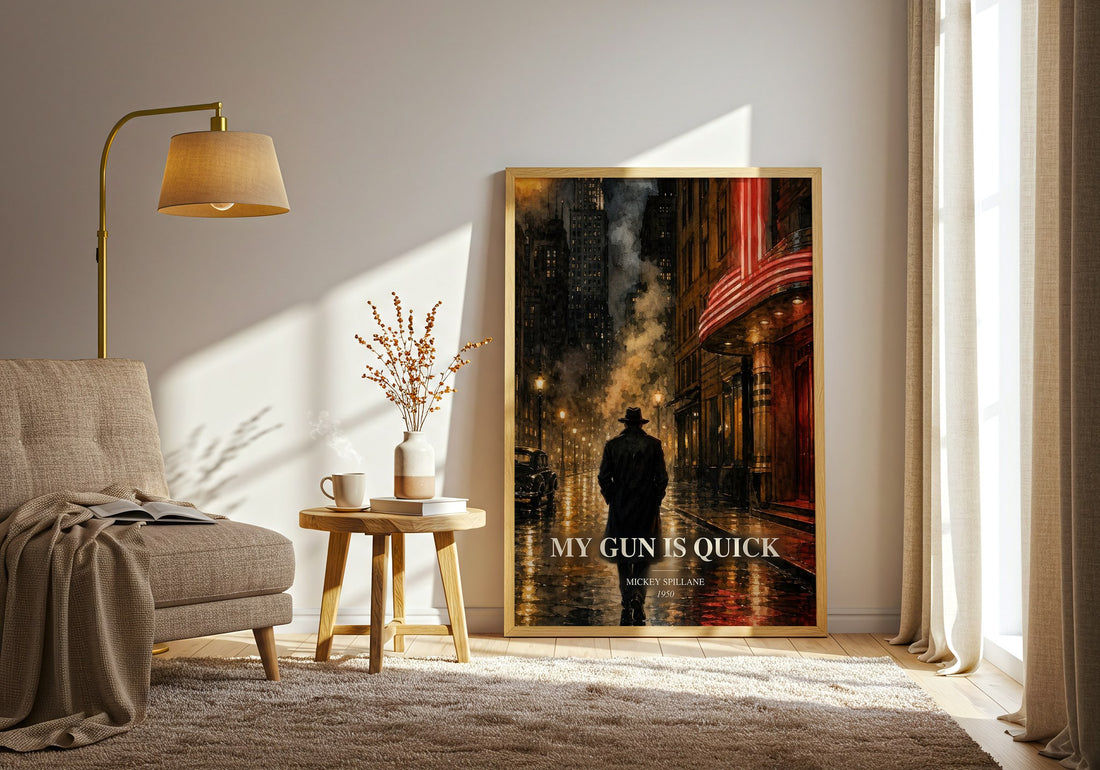 My Gun Is Quick watercolour print in frame leaning in hallway – crime wall art (mockup)