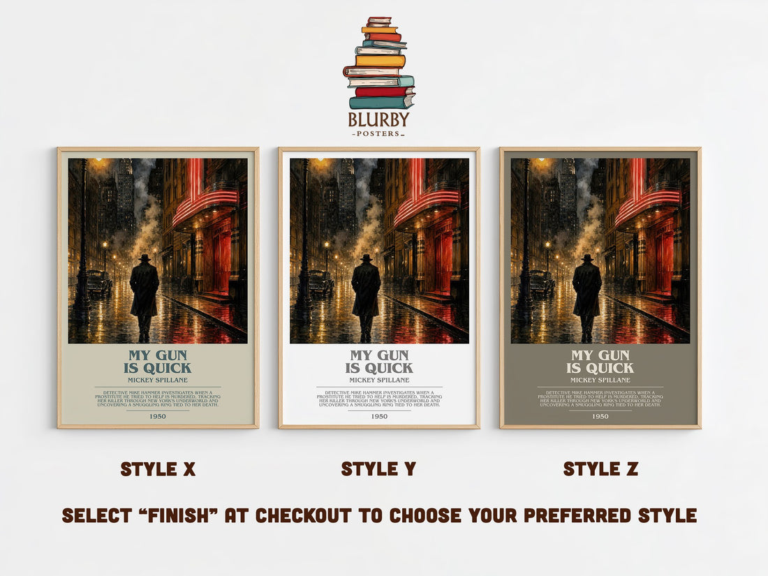 My Gun Is Quick bookish print in frame leaning in hallway – crime wall art (mockup)