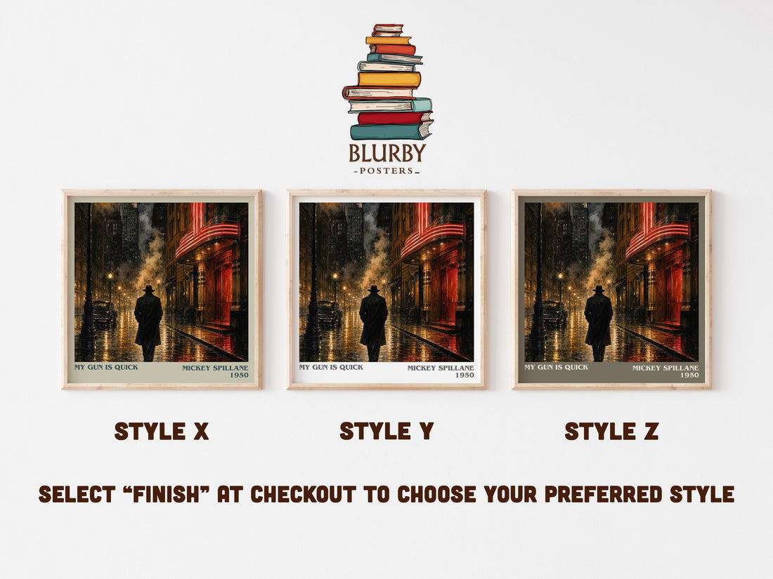 My Gun Is Quick literary print in frame leaning in hallway – crime wall art (mockup)